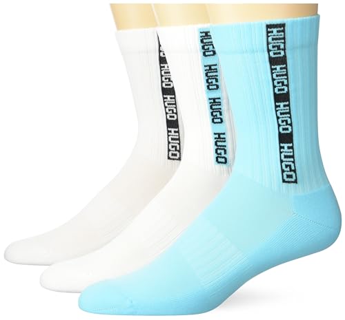 HUGO Herren 3-Pack Taping Quarter Length Ribbed 3er-Pack gerippte Socken mit Logo, Viertellänge, Weiß/Weiß/Neonblau, 39-47 EU von HUGO