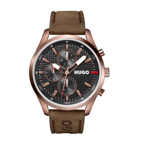 HUGO Multi Zifferblatt Quarz Uhr für Herren Kollektion #Chase mit Braunes Lederarmband - 1530162 von HUGO