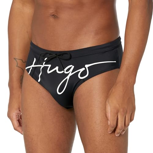 HUGO Herren Badeslip Logo Schwimm-Slips, Schwarzer Ruß/Frost White Script, M von HUGO