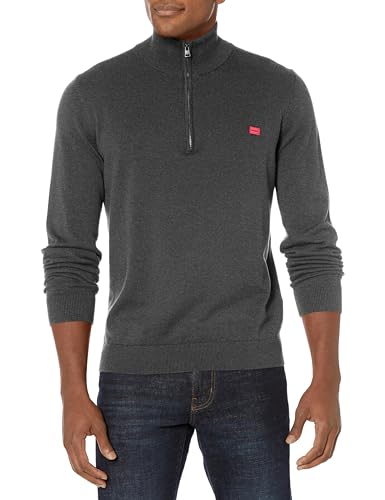 HUGO Herren Baumwollpullover mit Viertelreißverschluss und quadratischem Logo Pullover, Grau-Asphalt Grey, XL von HUGO