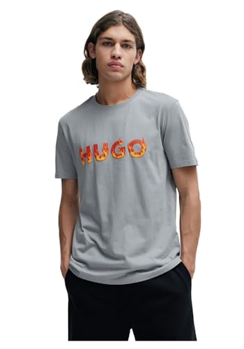 HUGO Herren Danda T-Shirt aus Baumwoll-Jersey mit gepufftem Flammen-Logo Grau L von HUGO