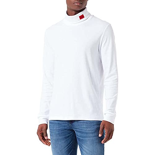 HUGO Herren Derollo224 Slim-Fit Longsleeve mit rotem Logo-Label Weiß S von HUGO