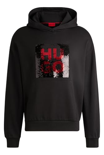 HUGO Herren Deseqino Relaxed-Fit Kapuzenpullover mit Pailletten-Logo Schwarz001 S von HUGO