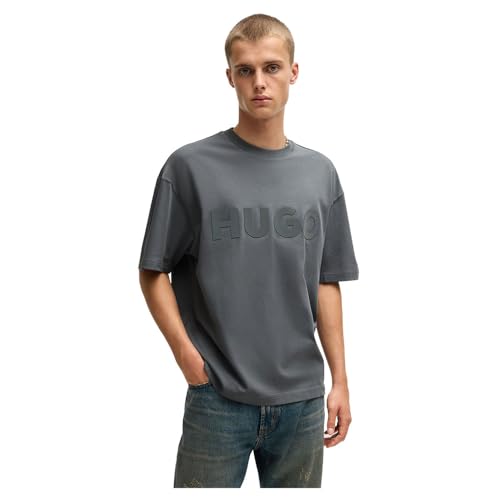 HUGO Herren Dinkee Oversized T-Shirt aus Baumwolle mit dekorativem reflektierendem Logo Hellgrau M von HUGO