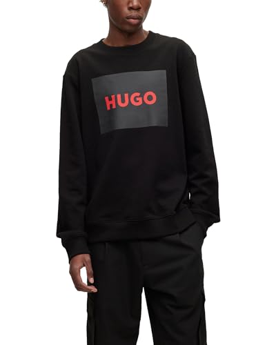 HUGO Herren Duragol222 Pullover aus Baumwoll-Terry mit rotem Logo-Print Schwarz L von HUGO