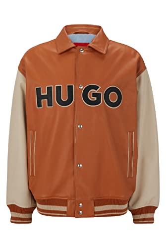 HUGO Herren Luganos College-Jacke aus Leder im Colour-Block-Design mit Logo Orange L von HUGO
