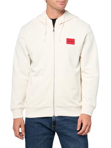 HUGO Herren Regular Fit Square Logo Jersey Hooded Zip Up Sweatshirt Kapuzenpullover, Leinencreme, Large von HUGO