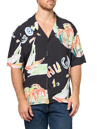 HUGO Herren Relaxed Beach Shirt Überwurf für Schwimmbekleidung, Schwarze Tropische Segel, XX-Large von HUGO