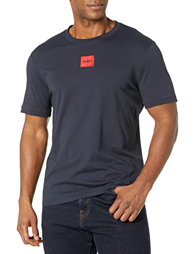 HUGO Herren Geripptes Rundhalsausschnitt, Normale Passform, Mittiges Logo T-Shirt, Space Navy, L von HUGO