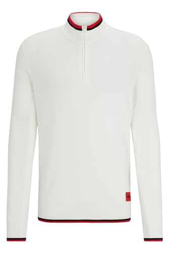 HUGO Herren Saikk Pullover mit Troyerkragen und rotem Logo-Label Weiß XL von HUGO