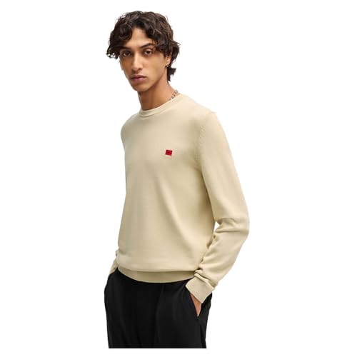HUGO Herren San Cassius-C1 Pullover aus Baumwolle mit rotem Logo-Label Hellbeige L von HUGO
