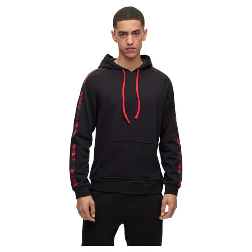 HUGO Herren Sporty Logo Hoodie Relaxed-Fit Hoodie aus Bio-Baumwolle mit Logo-Tape Schwarz S von HUGO