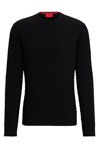 HUGO Herren Stubon Relaxed-Fit Pullover aus Reiner Baumwolle mit 3D-Strickmuster Schwarz L von HUGO