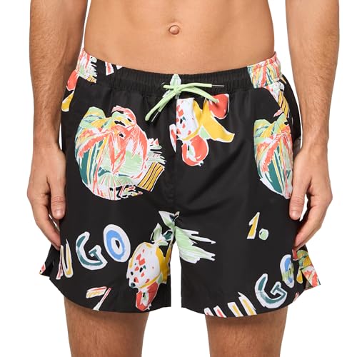 HUGO Herren Tropical Leaf Swim Trunk Badehose, Schwarze Tropische Segel, L von HUGO