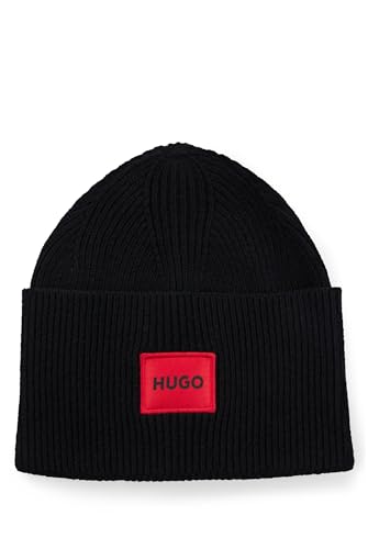 HUGO Herren Xaff 6 Gerippte Mütze mit rotem Logo-Label Schwarz Stck von HUGO