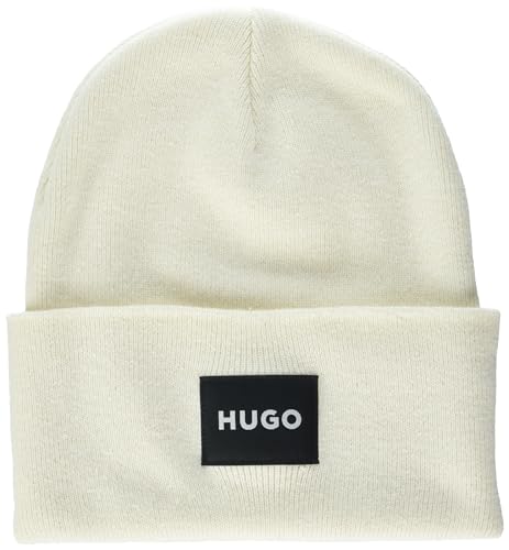 HUGO Herren quadratischem Logo, Baumwollmischgewebe Beanie-Mütze, Navajo-Creme, Einheitsgröße von HUGO