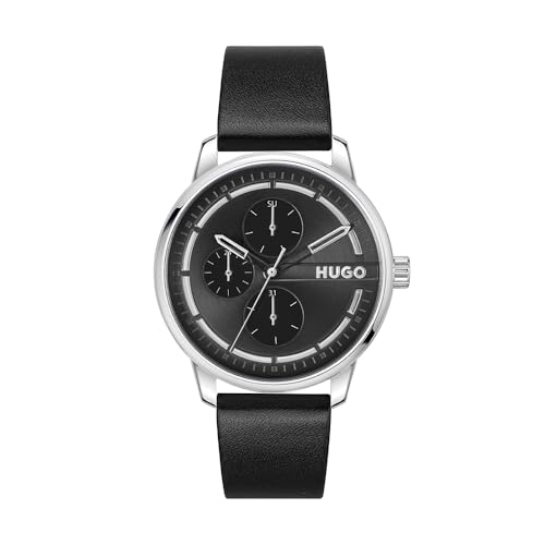 HUGO Multi Zifferblatt Quarz Uhr für Herren Kollektion #Stamp Multi mit Schwarzes Lederarmband - 1530366 von HUGO