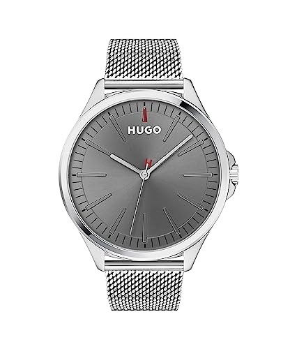 HUGO Analog Quarzuhr für Herren mit Silbernes Edelstahl-Mesh-Gliederarmband - 1530135 von HUGO