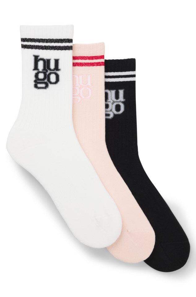 HUGO Socken (Packung, 3-Paar) Logo mit Used-Look, Rippstrick, Verstärkter Fersen- und Zehenbereich von HUGO