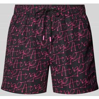 HUGO Straight Leg Badehose mit Allover-Label-Muster Modell 'MARCO' in Neon Pink, Größe S von HUGO