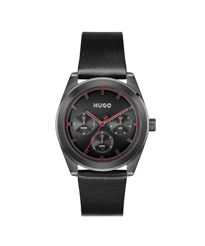 Hugo Multi Zifferblatt Quarz Uhr für Herren Kollektion #Bright Sport mit Schwarzes Lederarmband - 1530423 von HUGO
