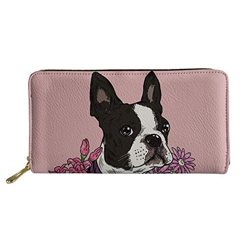 HUGS IDEA Lange Geldbörsen für Damen und Mädchen, bezaubernder Welpe, Hund, Blumen-Design, Kartenhalter, Reißverschluss, Clutch, Boston Terrier (Pink) - NA von HUGS IDEA