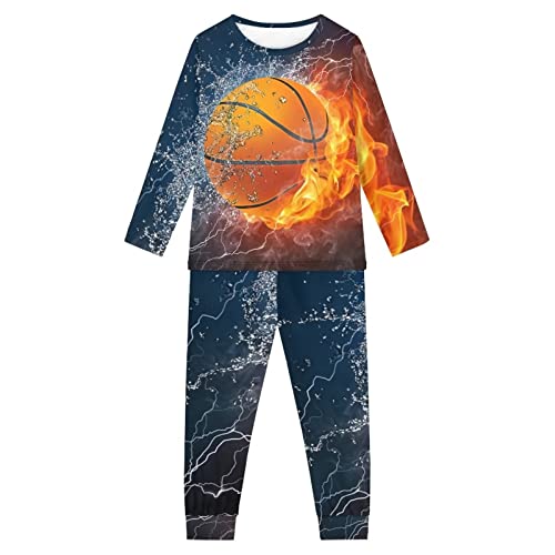 HUGS IDEA 2-teiliges Kinder-Pyjama-Set mit Rundhalsausschnitt, langärmeliges T-Shirt mit Lounge-Hose für Jungen und Mädchen, Feuer-Basketball, 15-16 Jahre von HUGS IDEA