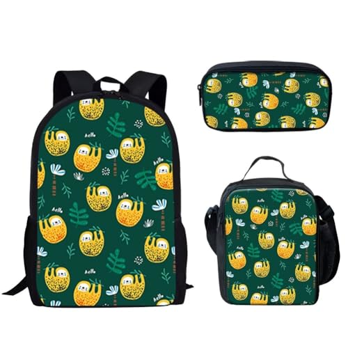 HUGS IDEA 3 Stück Schultasche Büchertasche mit Isolierte Lunchbox Stifthalter Rucksack Set für Kinder Mädchen, Lustiger Faultier von HUGS IDEA