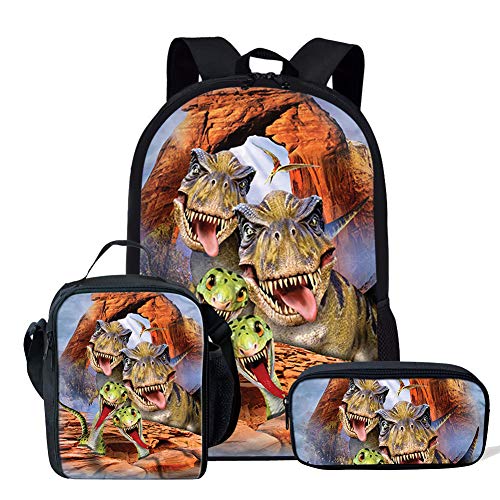 HUGS IDEA 3D Cute Dinosaurier T-Rex Kinder Rucksack Set Teenager Jungen Schulter Schultaschen Isolierte Lunchbox mit Federmäppchen von HUGS IDEA