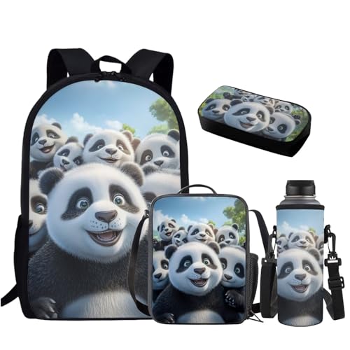 HUGS IDEA 4-teiliges Rucksack-Set für Jungen und Kinder, Schultasche mit Lunchbox, 4-in-1-Schulrucksack-Set, Lustiger Panda, Einheitsgröße, Rucksack Rucksäcke von HUGS IDEA