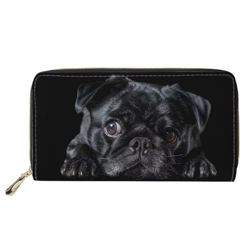 HUGS IDEA Animal Design Damen Lange Geldbörse Faultier Bedruckter Reißverschluss PU Leder Geldbörse, Schwarzer Mops, Casual von HUGS IDEA