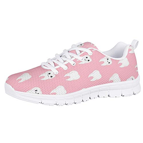 HUGS IDEA Casual Sneaker Laufschuhe, Cute Cartoon Pink Tooth Gym Low-Top SchnüR Mesh Schuh Zahnarzt Pink Breathable Breathable Lightweight Gymnastics Trainer EU 38 von HUGS IDEA