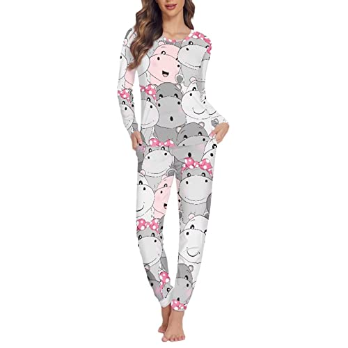 HUGS IDEA Comfy Homewear 2-teiliges Pyjama-Set für Damen Erwachsene Langarm Pullover Tees Elastische Loungehose, Baby Nilpferd, 50 von HUGS IDEA