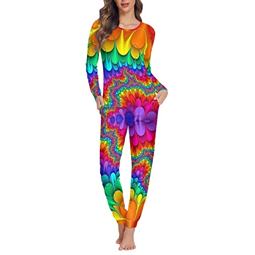 HUGS IDEA Comfy Homewear 2-teiliges Pyjama-Set für Damen Erwachsene Langarm Pullover Tees Elastische Loungehose, Regenbogenfarben., 38 von HUGS IDEA