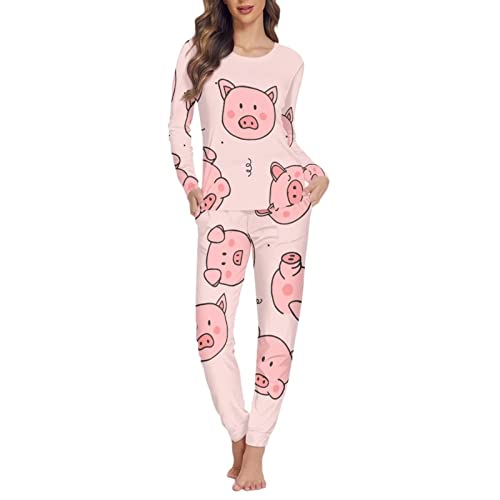 HUGS IDEA Comfy Homewear 2-teiliges Pyjama-Set für Damen Erwachsene Langarm Pullover Tees Elastische Loungehose, Rosa, Schwein, 38 von HUGS IDEA