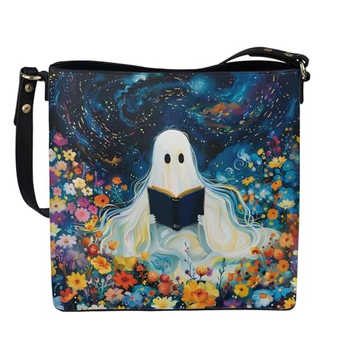 HUGS IDEA Damen Beuteltaschen Leder Geldbörse Handtasche Schultertasche für Damen Geldbörse Crossbody Geldbörse Tasche, Süßer Geist für Halloween geeignet., Large von HUGS IDEA