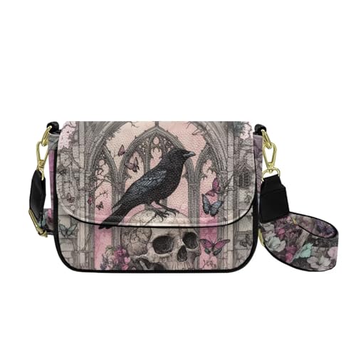 HUGS IDEA Damen Crossbody Geldbörse Leichte Schultertasche Handtasche Leder Hobo Bag, Gothic Crow Skull, Einheitsgröße von HUGS IDEA