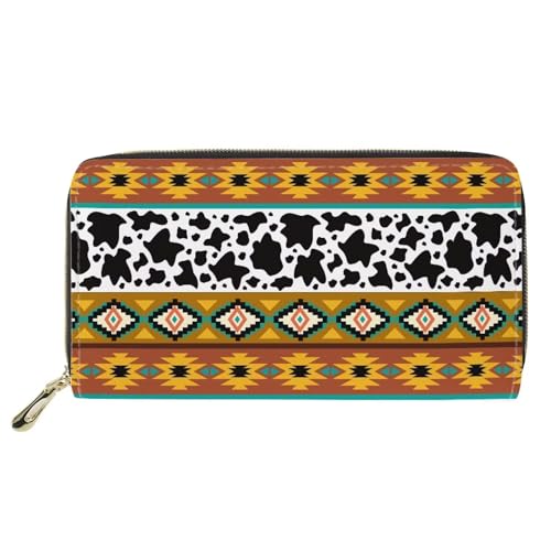 HUGS IDEA Damen Geldbörse Indianer Navajo Geometrische Kuh Clutch Tasche Lange Geldbörse PU Leder Reißverschluss Rund Kreditkartenhalter, Native American Navajo, geometrische Kuh von HUGS IDEA