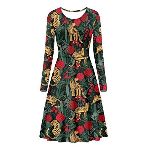 HUGS IDEA Damen Langarm Swing Midikleid Neuheit Rundhalsausschnitt Club & Party Kleid, Dschungel-Gepard, Medium von HUGS IDEA