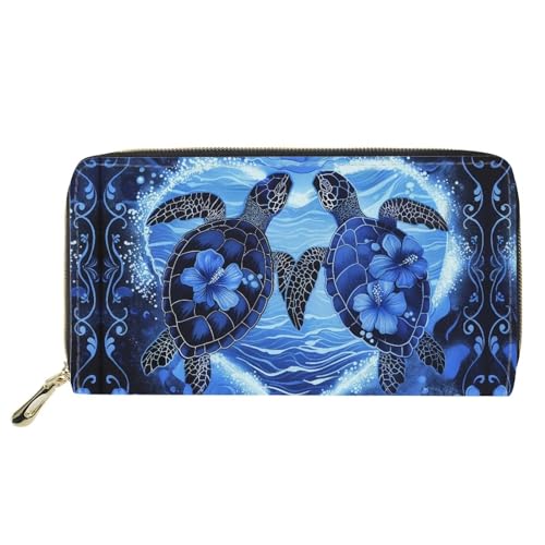 HUGS IDEA Damen Lange Geldbörse Blau Meeresschildkröte Blumenmuster Clutch PU Leder Kreditkartenetui & Münzbörse Reise Einkaufen Reißverschluss Handtasche, Blaue Meeresschildkröte, Blumenmuster von HUGS IDEA