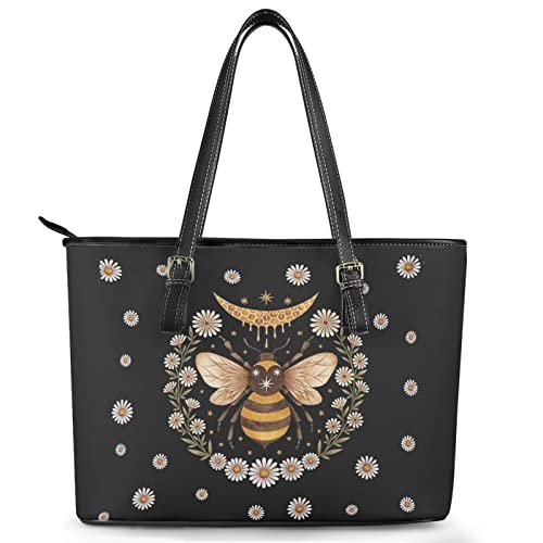 HUGS IDEA Damen Leder Handtaschen Griff Taschen mit Reißverschluss PU Schultertasche für Reisen Arbeit, Biene mit Blumenmuster von HUGS IDEA