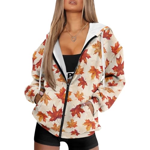 HUGS IDEA Damen Oversized Zip Up Hoodie Leichte Kordelzug Jacken Langarm Kapuzen-Sweatshirt mit Taschen, Herbstblätter, XL von HUGS IDEA