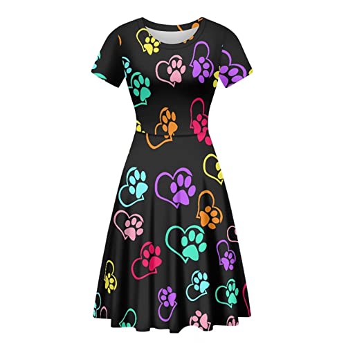 HUGS IDEA Damen Rundhalsausschnitt Swing Kleid Casual Kurzarm Midikleid Größe S-4XL, Bunte Pfotenabdrücke, X-Large von HUGS IDEA