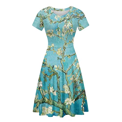 HUGS IDEA Damen Rundhalsausschnitt Swing Kleid Casual Kurzarm Midikleid Größe S-4XL, Mandelblüten, Medium von HUGS IDEA