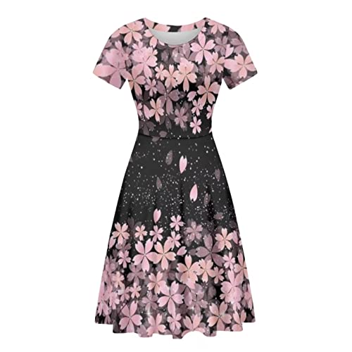 HUGS IDEA Damen Rundhalsausschnitt Swing Kleid Casual Kurzarm Midikleid Größe S-4XL, Rosa Sakura-Blume, X-Large von HUGS IDEA