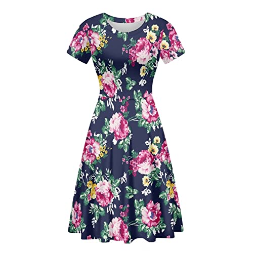 HUGS IDEA Damen Rundhalsausschnitt Swing Kleid Casual Kurzarm Midikleid Größe S-4XL, Rosenblüte, Medium von HUGS IDEA