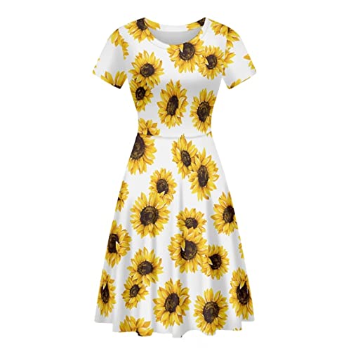 HUGS IDEA Damen Rundhalsausschnitt Swing Kleid Casual Kurzarm Midikleid Größe S-4XL, sonnenblume, Medium von HUGS IDEA