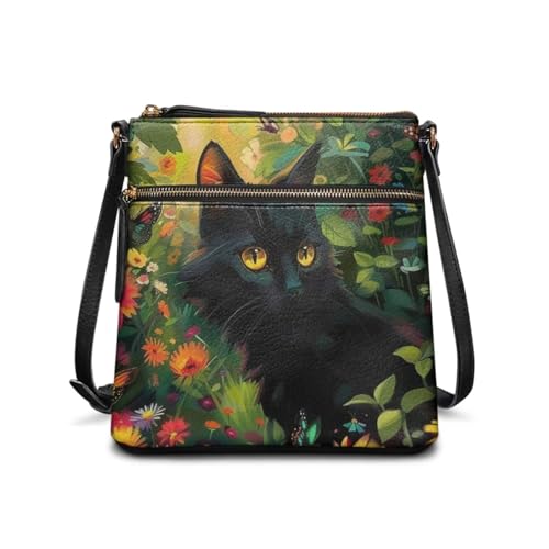 HUGS IDEA Damen Schulterhandtaschen Crossbody Geldbörse Große Größe Sling Taschen Leder Tote Handtaschen, Schwarze Katze mit Blumenmuster, Large von HUGS IDEA