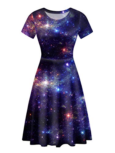 HUGS IDEA Damen Sommer Kurzarm Swing Midi Kleid Casual O-Neck Skaterkleider, Universe Galaxy, S von HUGS IDEA