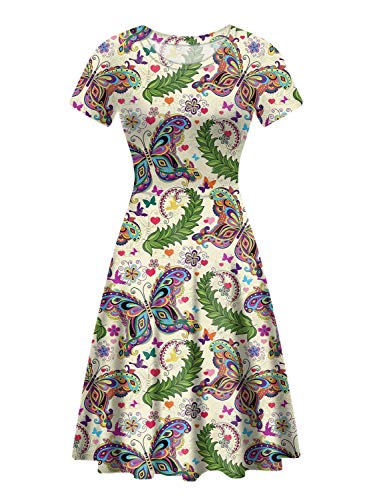 HUGS IDEA Damen Sommer Kurzarm Swing Midi Kleid Casual O-Neck Skaterkleider Gr. L, Retro Schmetterling von HUGS IDEA